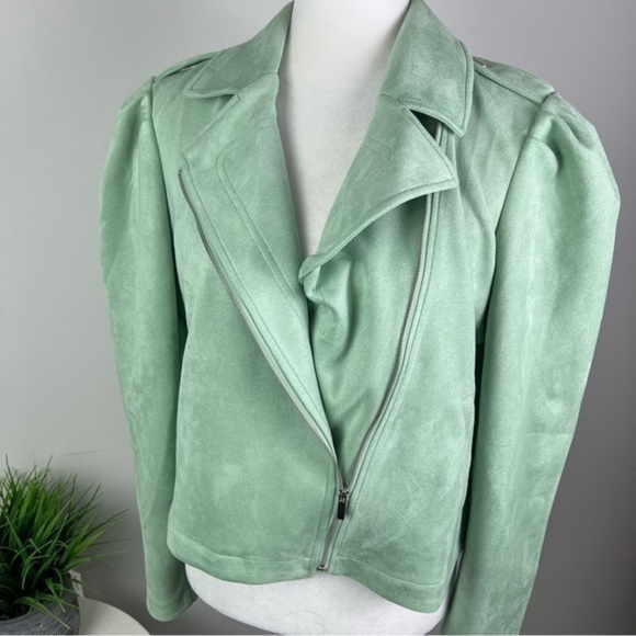 LC Lauren Conrad Moto Jacket womens size medium green zip up puff sleeve - Picture 8 of 12